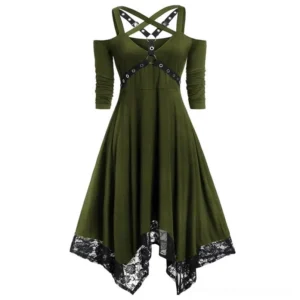 Adelaide steampunk dress olive green cold-shoulder midi with asymmetrical lace hem and industrial metal grommets