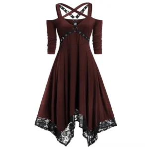 Adelaide steampunk midi dress wine red front view with black lace handkerchief hem and metal grommet straps