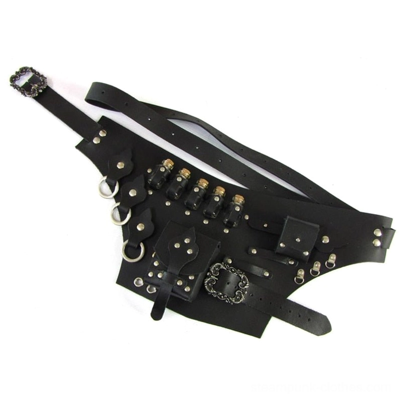 Steampunk alchemist waist belt featuring black leather construction, metal rivet accents, carved ornate buckle, functional storage pouches, and glass vial arrangement - overhead flat lay on white studio background