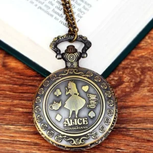 Three-quarter view of Alice steampunk pocket watch showing ornate bail and intricate Alice-themed engravings on antique bronze case with book backdrop