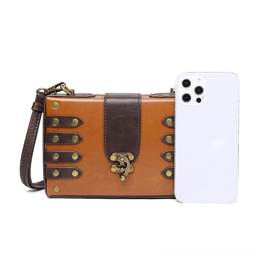 Complete product showcase of antique brass rivet steampunk vegan leather crossbody bag featuring industrial gothic fashion accessory styling and vintage aesthetic