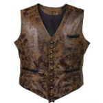 Distressed brown leather steampunk vest front view with brass button placket and black pocket trims, studio shot on white background