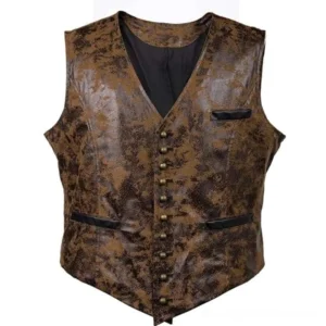 Distressed brown leather steampunk vest front view with brass button placket and black pocket trims, studio shot on white background