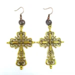 Antique gold filigree cross steampunk drop earrings with silver gear ear hooks and symmetrical hollow cross pattern