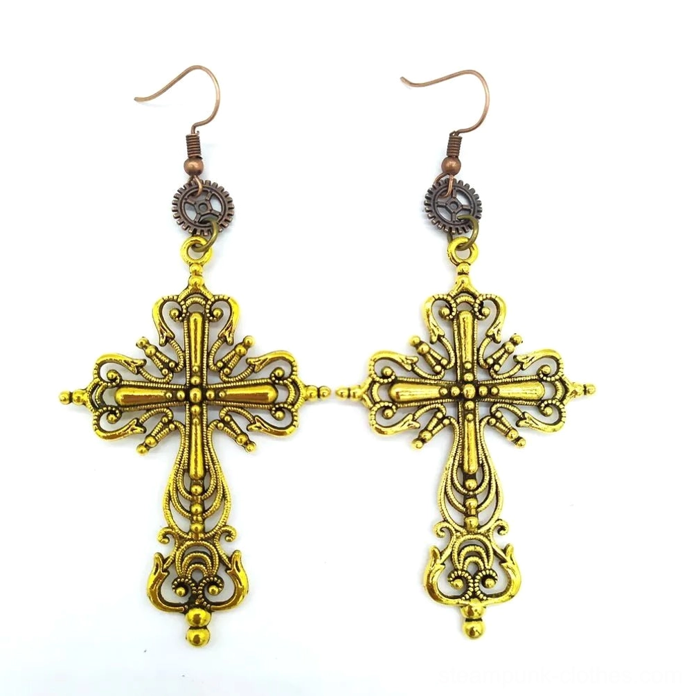 Antique gold filigree cross steampunk drop earrings with silver gear ear hooks and symmetrical hollow cross pattern