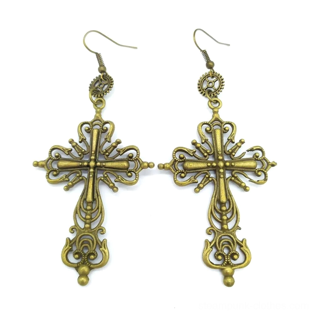 Antique gold filigree cross steampunk drop earrings with silver gear ear hook and ornate hollow cross design