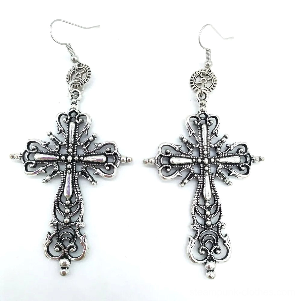 Antique silver matte filigree cross steampunk drop earrings with gear ear connector and neat hollow cross design with tiny bottom bead