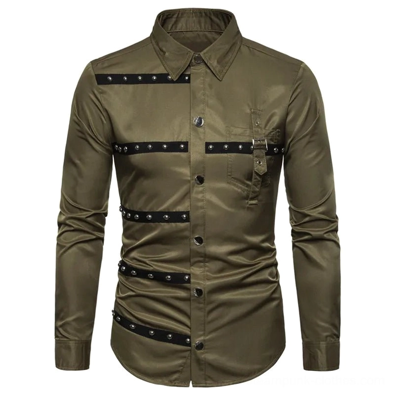 Army green steampunk men's shirt front view flat lay, riveted black straps and button closure