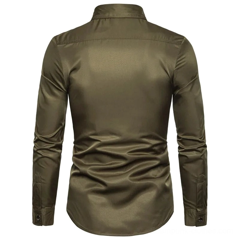 Army green steampunk shirt back view flat lay, showing solid fabric and professional tailoring