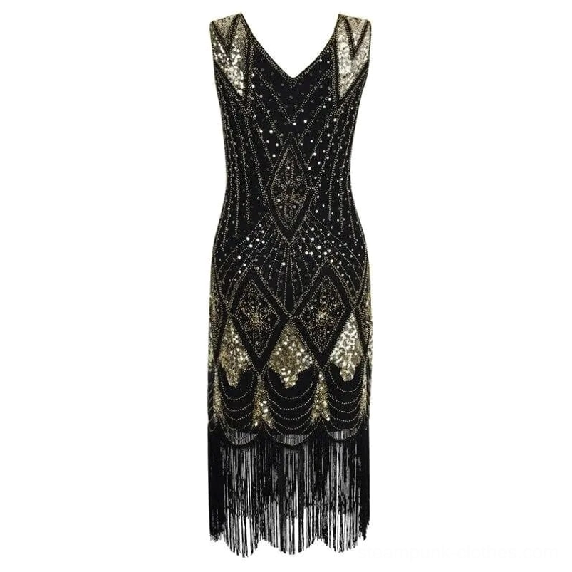 Art Deco steampunk dress full front silhouette displaying V-neck sleeveless cut, gold embellished geometric patterns, and dramatic black fringe hemline