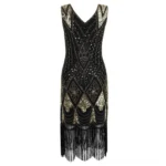 Art Deco steampunk evening dress black and gold full front view featuring V-neck sleeveless design with intricate beaded sequin embroidery and long tassel fringe hem