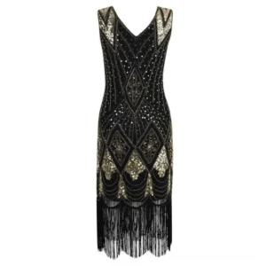 Art Deco steampunk evening dress black and gold full front view featuring V-neck sleeveless design with intricate beaded sequin embroidery and long tassel fringe hem