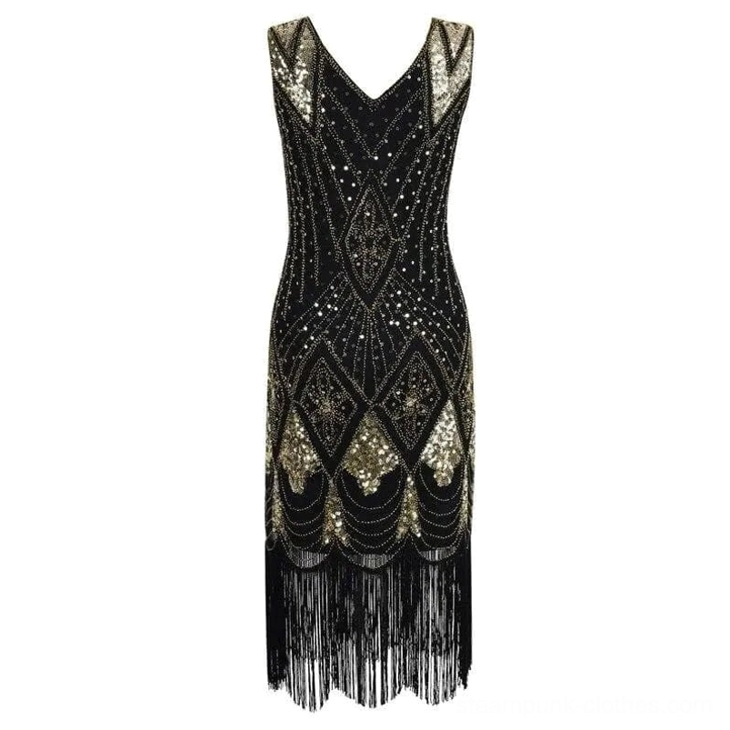 Art Deco steampunk evening dress black and gold full front view featuring V-neck sleeveless design with intricate beaded sequin embroidery and long tassel fringe hem