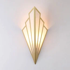 Art Deco Steampunk wall lamp with golden brass frame and linen shade, skyscraper geometric silhouette, front view