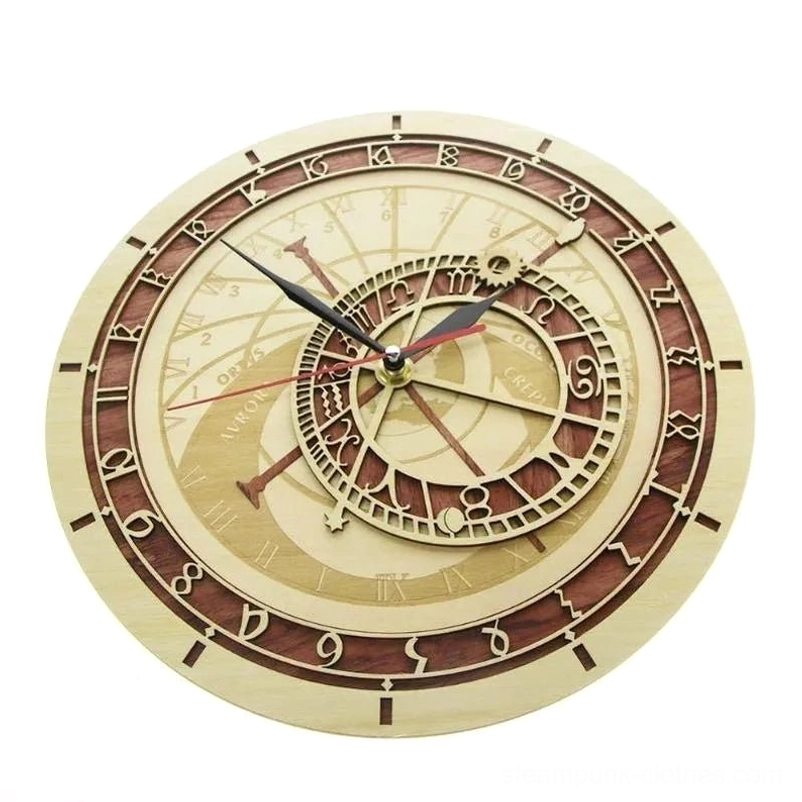 Steampunk astronomical wooden wall clock front view showing multi-layered astrological dial, dual-tone wood construction, brass accents, and complete clock face design against white background