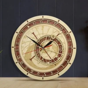 Astronomical steampunk wooden wall clock with dual-tone finish, engraved zodiac dial, brass hardware, and red second hand, displayed at frontal angle on dark paneled wall