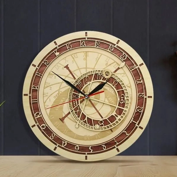Astronomical steampunk wooden wall clock with dual-tone finish, engraved zodiac dial, brass hardware, and red second hand, displayed at frontal angle on dark paneled wall