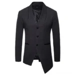 Asymmetric cropped steampunk wool coat for men - front view with shawl collar and 3-button closure in dark gray