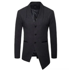 Asymmetric cropped steampunk wool coat for men - front view with shawl collar and 3-button closure in dark gray