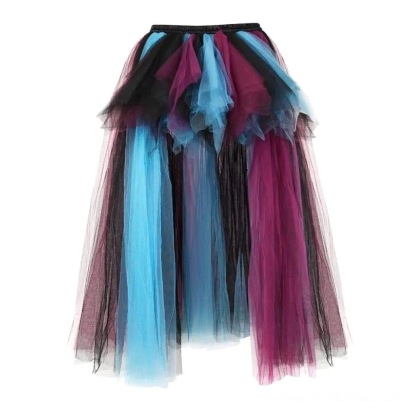 Asymmetrical blue purple black tulle skirt with uneven hemline - alternative steampunk fashion detail view