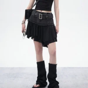 Black asymmetrical pleated denim mini skirt front view - steampunk gothic style with empire waistline and frayed hem