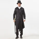 Asymmetrical black steampunk coat front view - featuring irregular hemline, crossbody strap, and industrial buckle details on male model wearing top hat