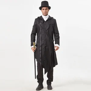Asymmetrical black steampunk coat front view - featuring irregular hemline, crossbody strap, and industrial buckle details on male model wearing top hat