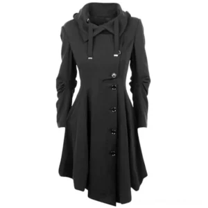 Black asymmetrical steampunk coat front three-quarter view showing ruched sleeves, flared asymmetric hem, and central button closure