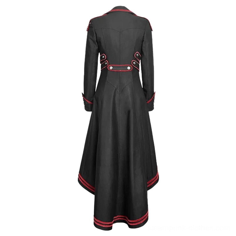 Steampunk coat back mannequin view featuring decorative back buckles, high-low asymmetrical hem, and red trim gothic detailing