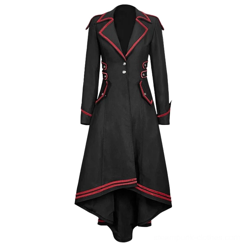 Black steampunk coat mannequin display showing front metal buttons, notched lapel collar, red piping accents, and structured tailored silhouette