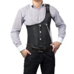 Asymmetrical single-shoulder steampunk men's corset front view with black jacquard fabric, leather strap, and metal buttons chain details