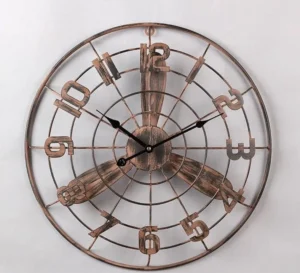 Vintage aviation steampunk propeller clock featuring black clock hands against weathered metal background, radial grid frame structure, studio shot on plain white background