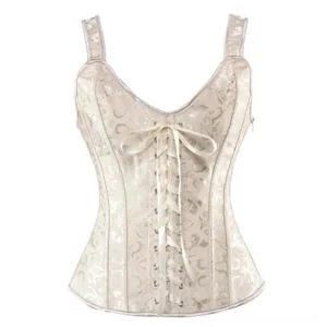 Cream beige damask steampunk corset front view with V-neck straps and satin lace-up detail