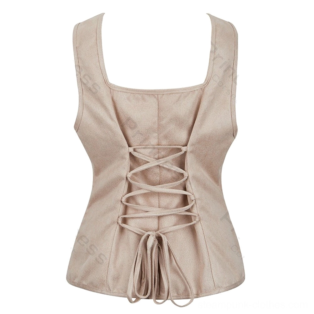 Beige steampunk corset back flat lay view displaying lace-up tie closure and square neckline