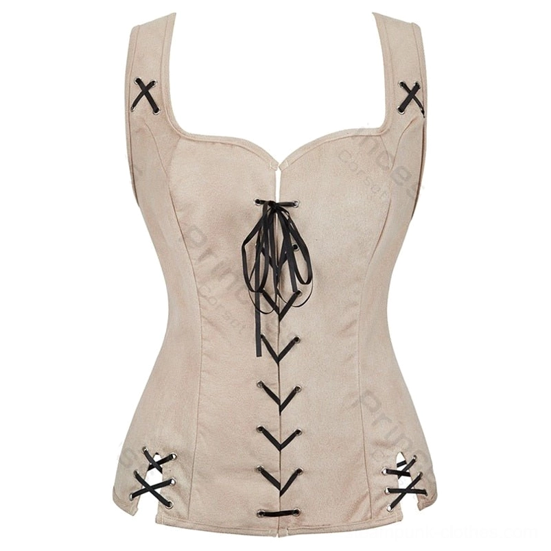 Beige steampunk corset front flat lay shot showing sweetheart neckline and black lace-up details on studio background