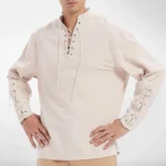 Beige linen steampunk shirt with stand collar and front lace-up closure, men's casual style, studio front view