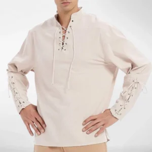 Beige linen steampunk shirt with stand collar and front lace-up closure, men's casual style, studio front view