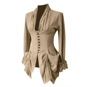 Beige steampunk blouse with pleated collar, front button closure, ruffled cuffs, and draped pockets on dress form mannequin