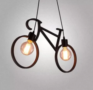 Bicycle wheel steampunk pendant lamp with black metal frame and vintage filament bulbs, studio front view