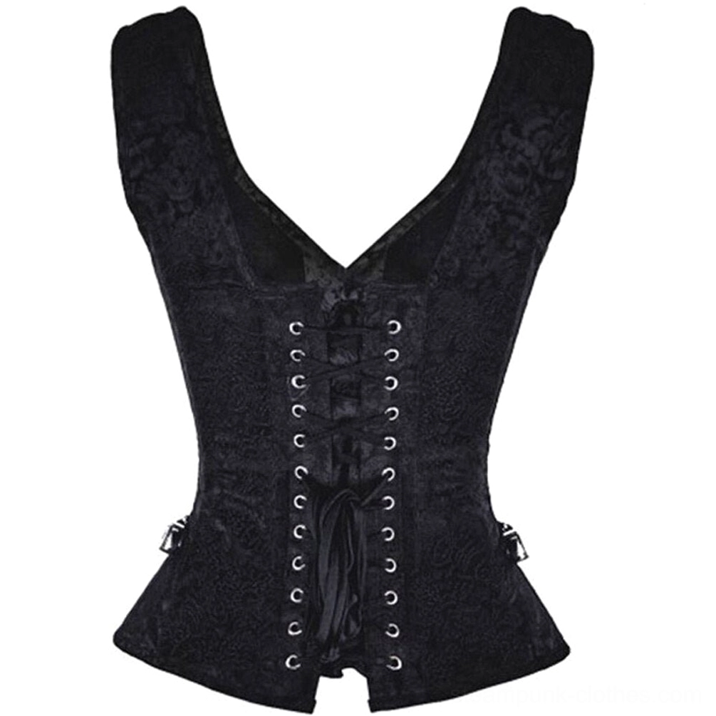 Black Dahlia steampunk corset back view with ribbon lace-up closure and side adjustment buckles
