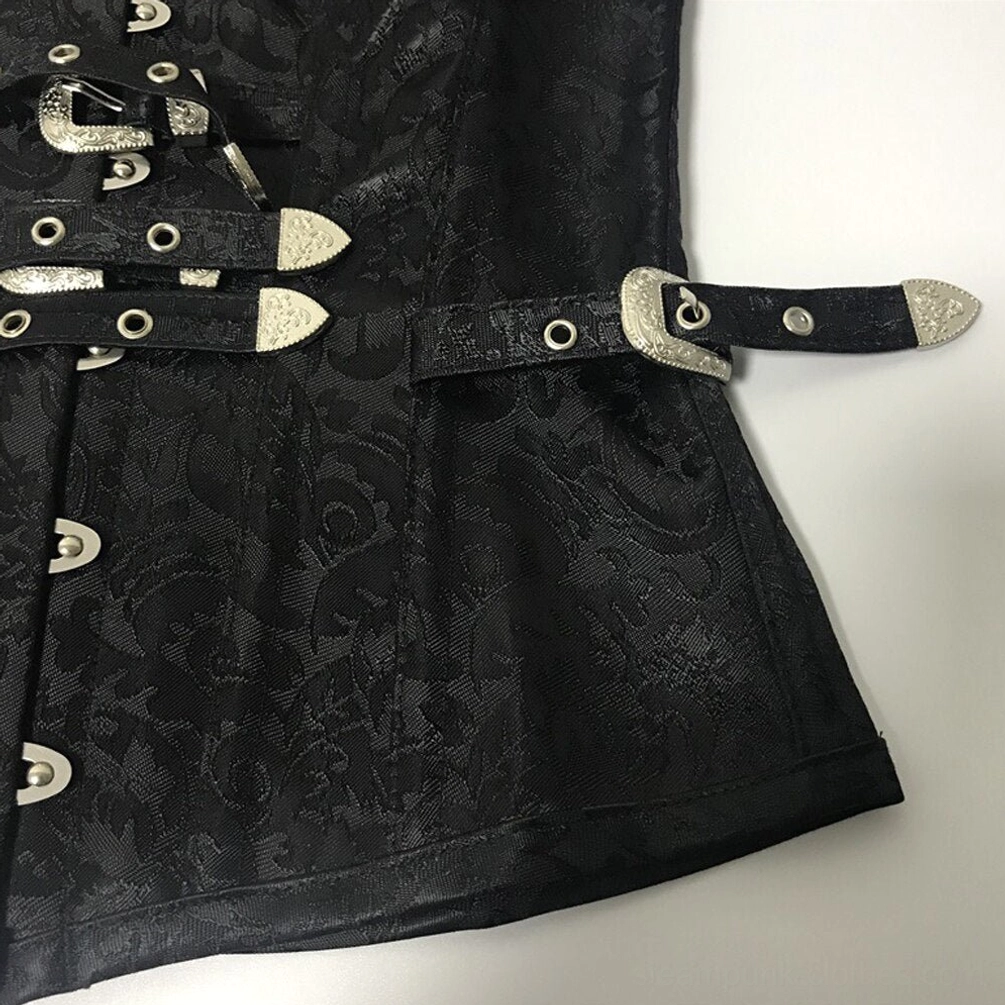 Black Dahlia steampunk corset detail shot showing ornate silver buckles on black jacquard fabric