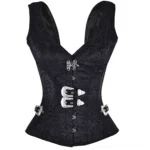 Black Dahlia steampunk corset front flat view with black jacquard fabric and silver vintage hardware