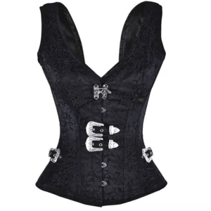 Black Dahlia steampunk corset front flat view with black jacquard fabric and silver vintage hardware