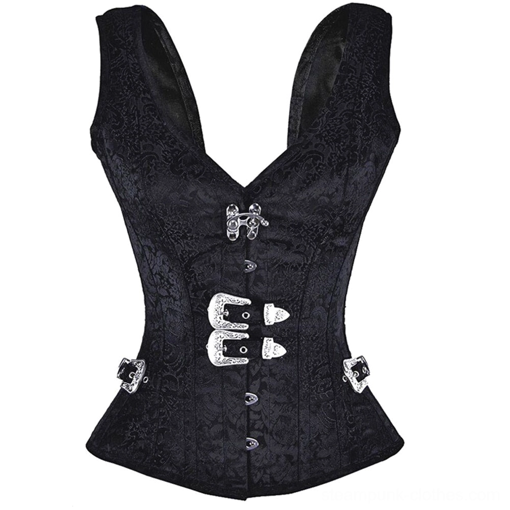 Black Dahlia steampunk corset front flat view with black jacquard fabric and silver vintage hardware