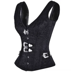 Black Dahlia gothic steampunk corset 3/4 side front view showcasing black brocade texture and silver buckles