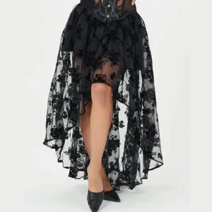 Black floral high-low steampunk skirt with corset waist design, front low-angle view showing asymmetrical hemline and flocked mesh overlay