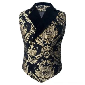 Black velvet and gold damask steampunk waistcoat front view with pointed hem and contrasting lapels