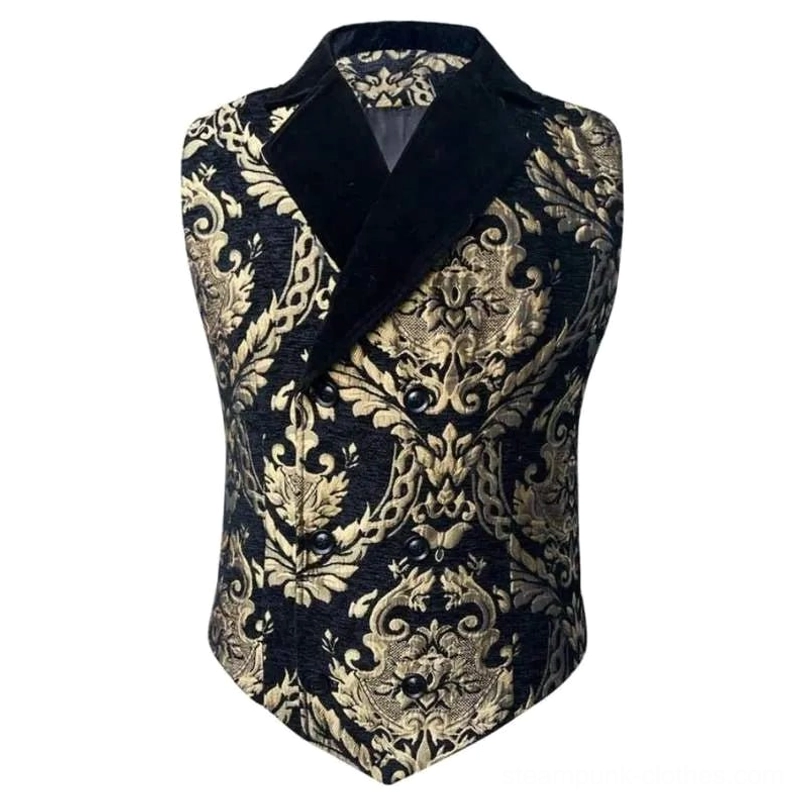 Black velvet and gold damask steampunk waistcoat front view with pointed hem and contrasting lapels