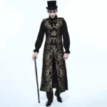 Black gold damask steampunk waistcoat front full-body view with frog button closures and stand collar