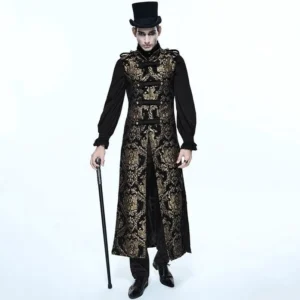 Black gold damask steampunk waistcoat front full-body view with frog button closures and stand collar